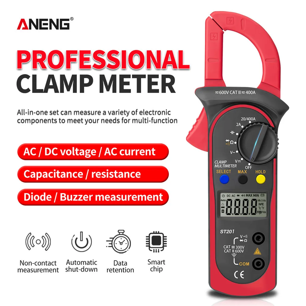 ANENG ST201 Digital Clamp Multimeter Resistance Ohm Tester AC DC Clamp Ammeter Transistor Testers Voltmeter D Contact Lcr Meter
ANENG ST201 Digital Clamp Multimeter Resistance Ohm Tester AC DC Clamp Ammeter Transistor Testers Voltmeter D Contact Lcr Meter