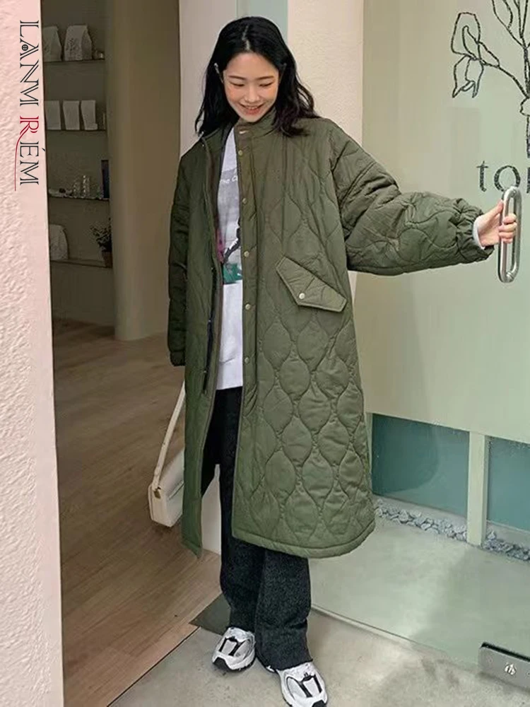 

LANMREM Cotton Padded Coat With Rhombus Pattern Loose Casual Women Single Breasted Long Parkas Fashion Overcoat Winter 2R7526