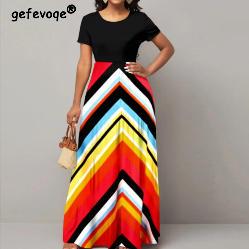 2022 Summer Casual Fashion Multicolor Striped Patchwork Oversized Maxi Dresses Women Short Sleeve High Waist Robe Dress Vestido
2022 Summer Casual Fashion Multicolor Striped Patchwork Oversized Maxi Dresses Women Short Sleeve High Waist Robe Dress Vestido