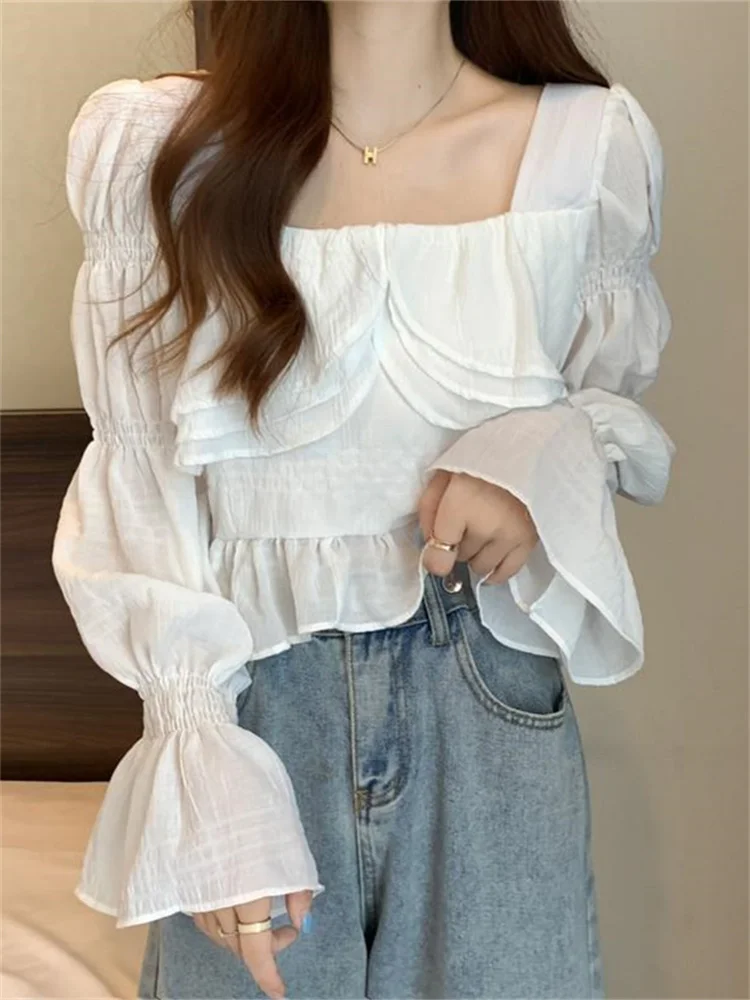

Укороченная рубашка с оборками, элегантная Милая Белая Блузка во французском стиле, топ с квадратным вырезом и длинным рукавом, модная Облегающая рубашка