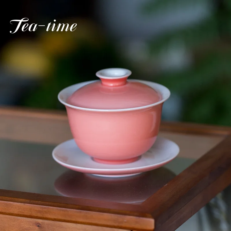 

110ml Boutique Peach Pink Glaze Hand Grab Tea Bowl Retro Ceramic Bowl with Lid Chinese Tea Maker Gaiwan Household Kung Fu Teaset