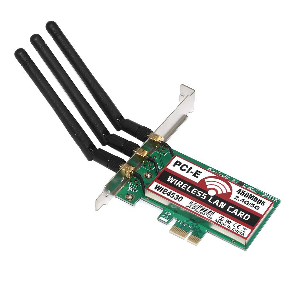 450Mbps 2.4G/5G Dual-Band WiFi Wireless LAN Card PCI-E X1 Network Adapter with 3 Antennas for Desktop PC
450Mbps 2.4G/5G Dual-Band WiFi Wireless LAN Card PCI-E X1 Network Adapter with 3 Antennas for Desktop PC
