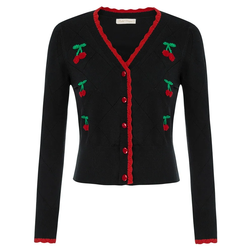 

Belle Poque Women Cardigan Sweater Long-sleeved V-neck Cropped Cardigan With Contrast Jacquard Cherries Embroidery Knitwear A30