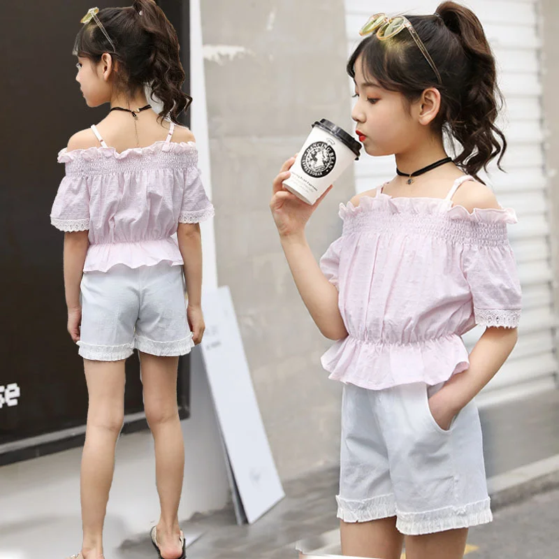 Girls' off shoulder top off shoulder short sleeve set Lantern Sleeve Korean fashionable casual shorts two piece set summer
Girls' off shoulder top off shoulder short sleeve set Lantern Sleeve Korean fashionable casual shorts two piece set summer