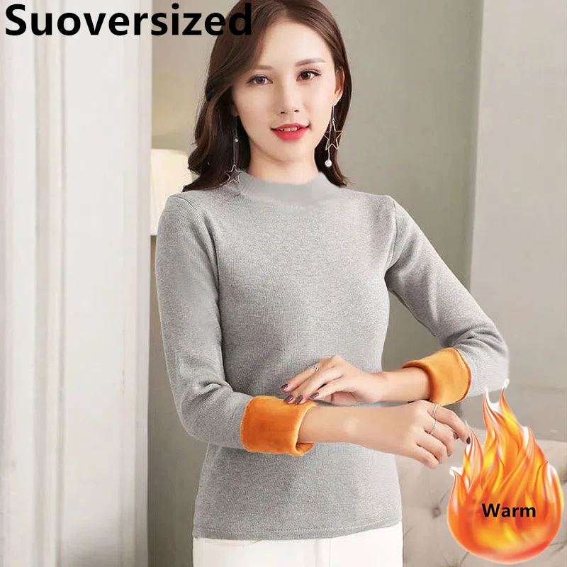 

Plus Velvet Thick Oversized 4xl Women's Mock Neck Tops Winter Solid Warm Slim Bottomed T-shirt Mom Casual Plush Lining Pullover