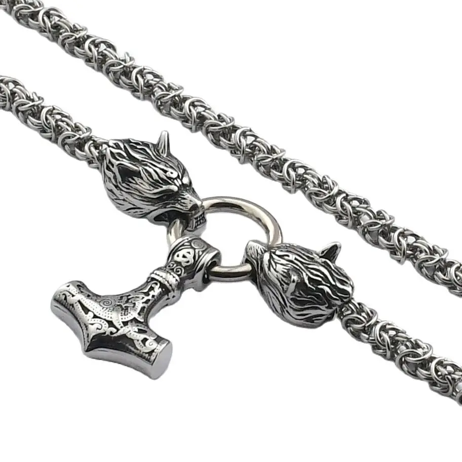 Nordic stainless steel wolf head handmade chain necklace Odin Thor's Hammer Pendant Men's Viking Rune Jewelry
Nordic stainless steel wolf head handmade chain necklace Odin Thor's Hammer Pendant Men's Viking Rune Jewelry