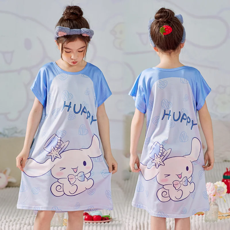 

Kawaii Sanrio Pajamas Hellokitty Cinnamoroll Kuromi Children Nightdress Summer Short-sleeve Cartoon Nightgown Dress Home Clothes