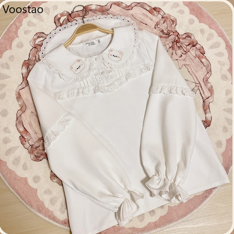 Японская милая блузка в стиле "Лолита", Женская милая кружевная рубашка с круглым воротником «Питер Пэн» и вышивкой в виде мультяшного медведя и пышными рукавами, милая одежда принцессы
Японская милая блузка в стиле "Лолита", Женская милая кружевная рубашка с круглым воротником «Питер Пэн» и вышивкой в виде мультяшного медведя и пышными рукавами, милая одежда принцессы