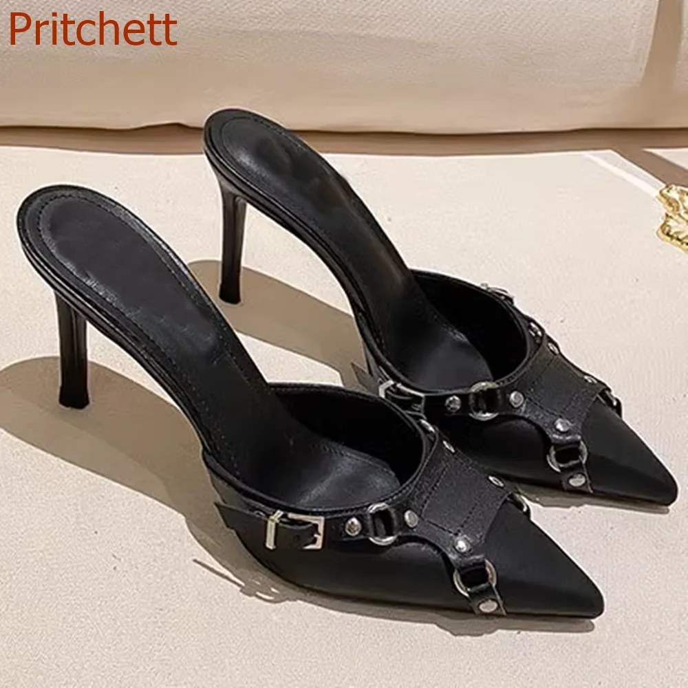 

Round Toe Stiletto Heels Women Slippers Solid Belt Buckle Punk Fashion Mules Summer Sexy Party Women Shoes 2023 New Arrivals