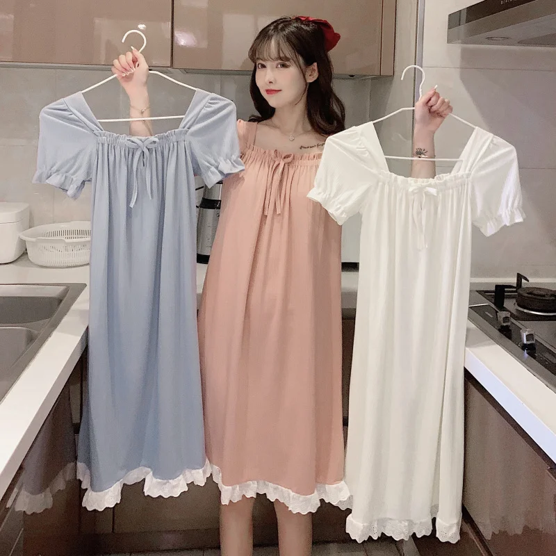 Summer Cotton Nightdress Solid Color Princess Sweet Short Sleeve Women Nightgowns Square Collar Home Sleep Dress Bow Nightwear
Summer Cotton Nightdress Solid Color Princess Sweet Short Sleeve Women Nightgowns Square Collar Home Sleep Dress Bow Nightwear