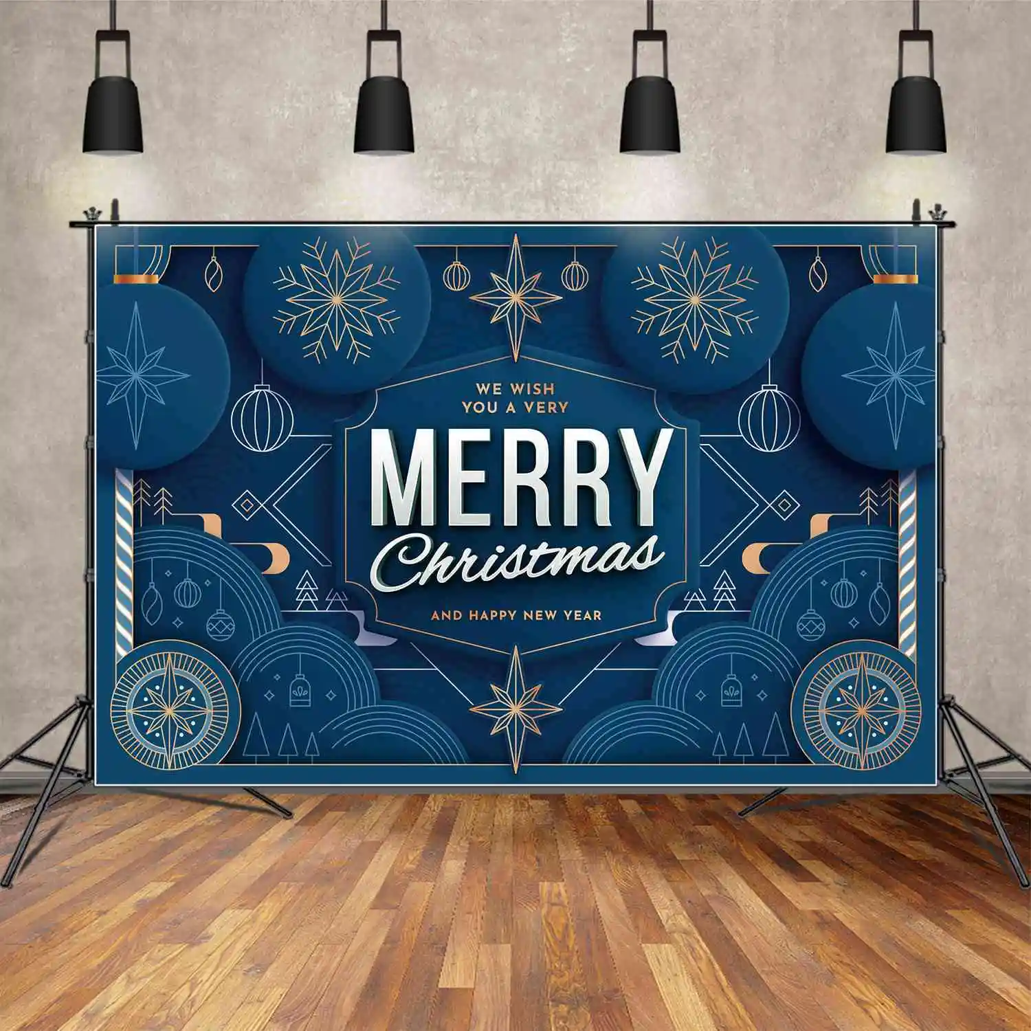 

MOON.QG Backdrop Blue Merry Christmas Banner Board Party Props Decoration Background Children Snowflake Lantern Tree Photo Booth