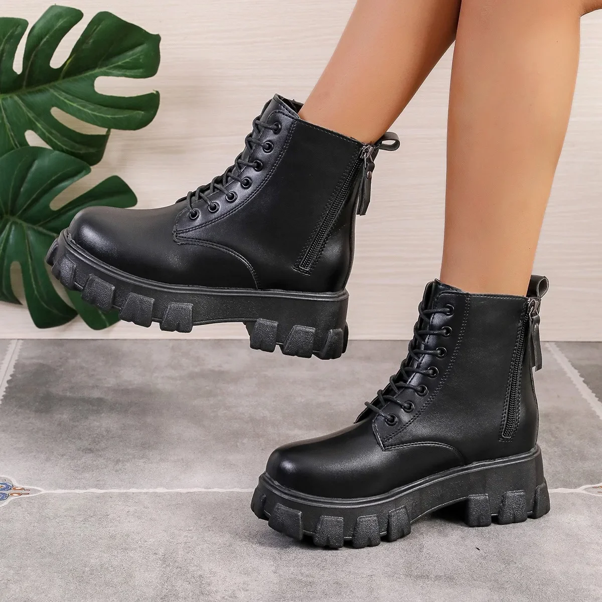 

2023 New Women BLACK Ankle Boots PU Leather Thick Sole Lace Up Combat Booties Female Autumn Winter Platform Shoes Woman Botas