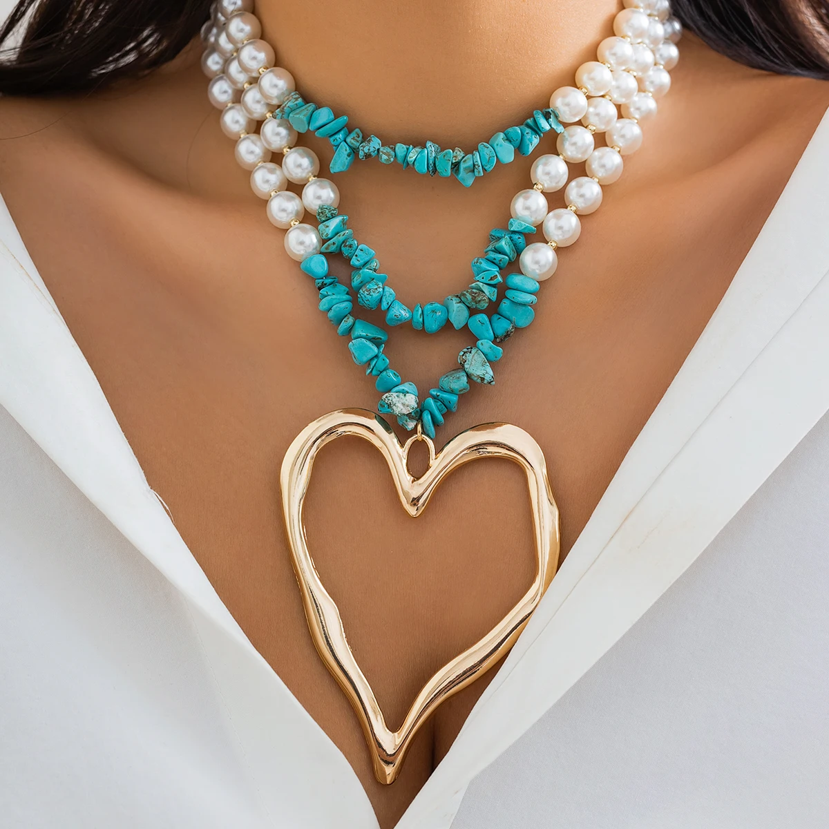 

PuRui Natural Stone Chip Beads Necklace With Irregular Heart Pendant Imitation Pearl Choker Charm Neck Chain Women Party Jewelry