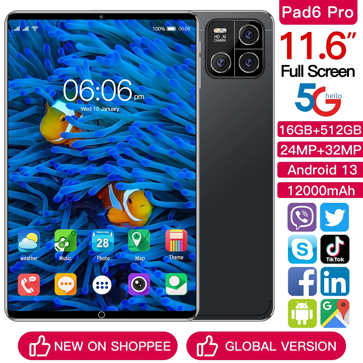Испытайте лучшую с планшетом Pad6 pro Android 13 — 11 6-дюймовый HD-экран двумя SIM-картами