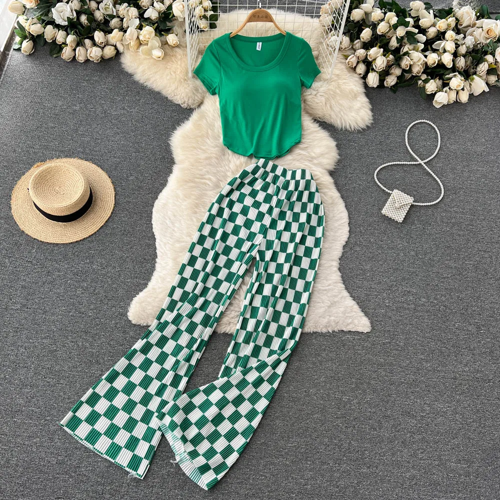 Узкие прямые шахматные брюки с высокой талией, повседневные широкие брюки, новый летний костюм, женская футболка с коротким рукавом
Узкие прямые шахматные брюки с высокой талией, повседневные широкие брюки, новый летний костюм, женская футболка с коротким рукавом