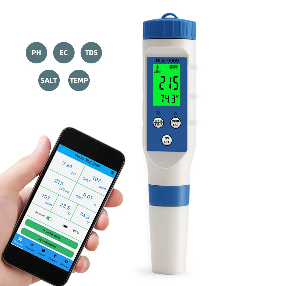 5 в 1 PH EC TDS измеритель засоленности цифровой тестер качества воды умный Bluetooth онлайн-монитор управление через приложение для аквариумов
5 в 1 PH EC TDS измеритель засоленности цифровой тестер качества воды умный Bluetooth онлайн-монитор управление через приложение для аквариумов