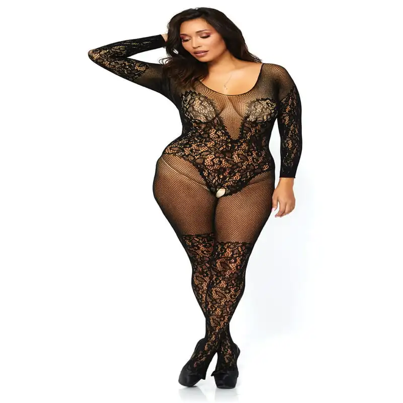 Vine Lace and Net Long Sleeve Bodystocking, Black, Plus Size
Vine Lace and Net Long Sleeve Bodystocking, Black, Plus Size