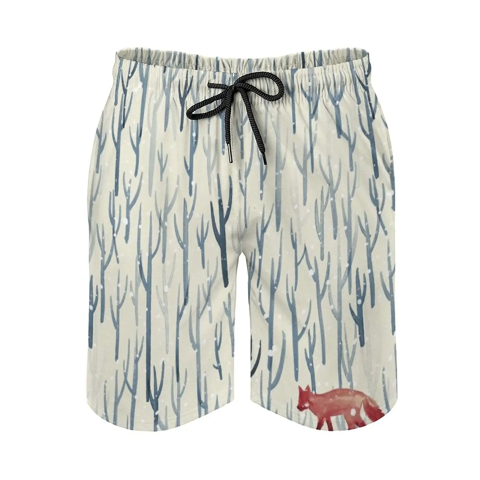 

Winter Wood Men's Beach Shorts Board Shorts Bermuda Surfing Swim Shorts Fox Snow Woods Trees Watercolor Blue Red Storm Ink