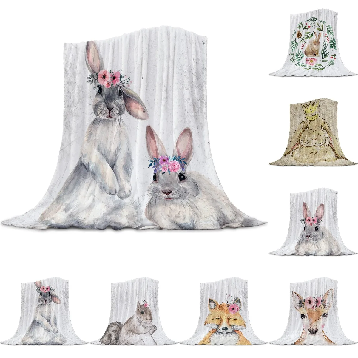 

Cute Rabbit Watercolor Flower Animal Printed Flannel Throw Blanket Quilts Keep Warm Sofa Child Blanket Home Textiles Family Gift