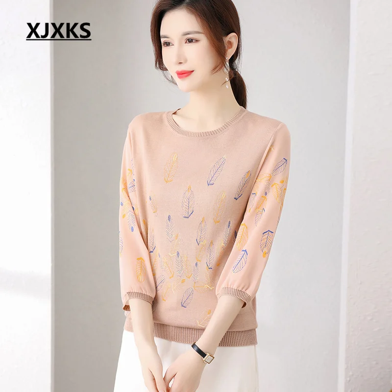 

XJXKS Round Neck Three-quarter Sleeve Pullover Women's Thin Sweater 2022 Spring Autumn Latest Wool Knit Stitching Chiffon Top