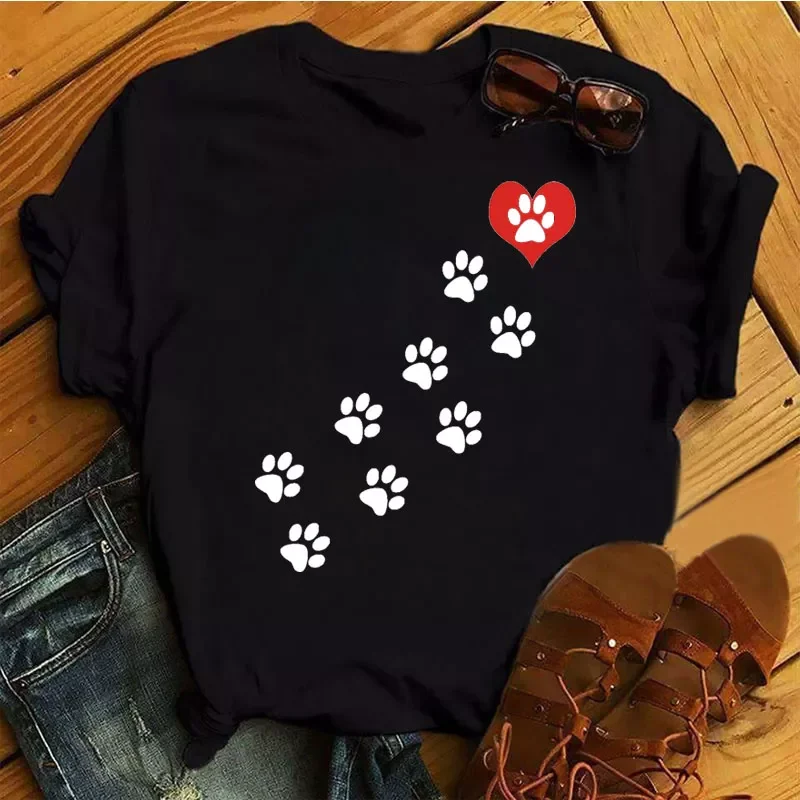 Fashion Women T Shirt Red Heart Dog Paw Print T Shirt Summer Female Tops Short Sleeve Tee Shirts Cute T-shirt Black Woman Tshirt
Fashion Women T Shirt Red Heart Dog Paw Print T Shirt Summer Female Tops Short Sleeve Tee Shirts Cute T-shirt Black Woman Tshirt