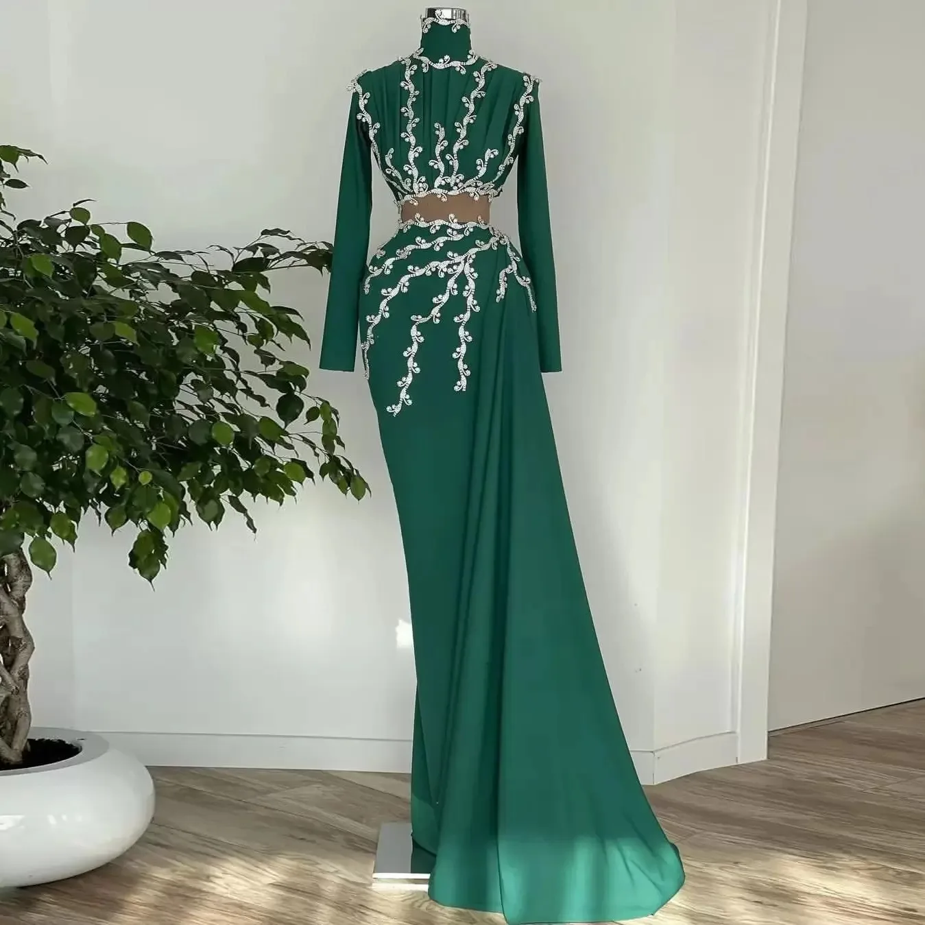 

Dark Green Lace Mermaid Prom Dresess High Neck Beads Sequins Appliques Long Sleeves Pageant Sweep Length Formal Vestido De Novia