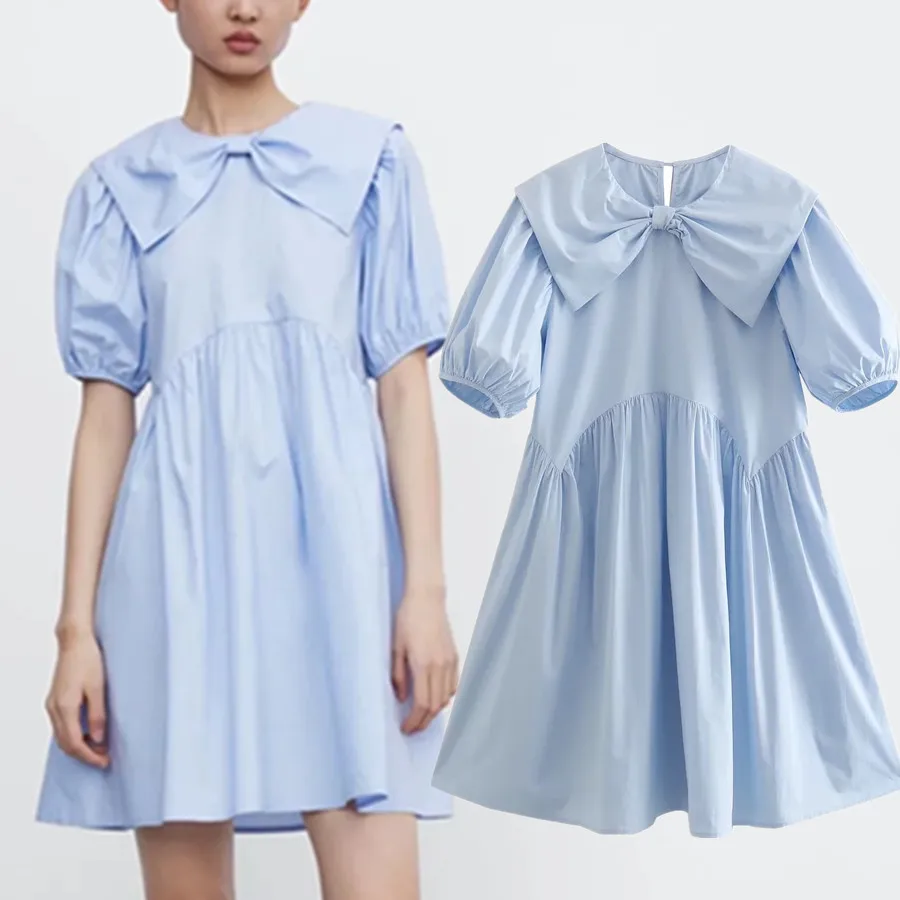 

Elmsk Mini Dress Women Fashion Vintage Peter Pan Collar Party Dress Women England Style Cotton Bow Casual Tops