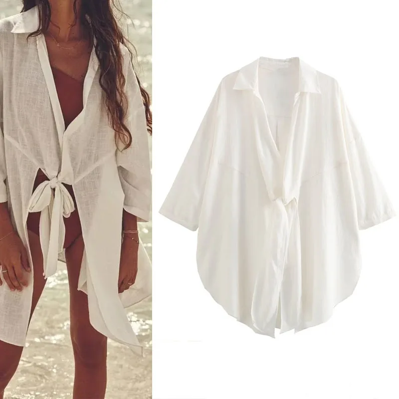 

TRAF 2023 Woman Longline Knotted Blouses Vintage White Lapel Collar Shirts Asymmetric Hem Shirts And Blouses Summer Chic Tops