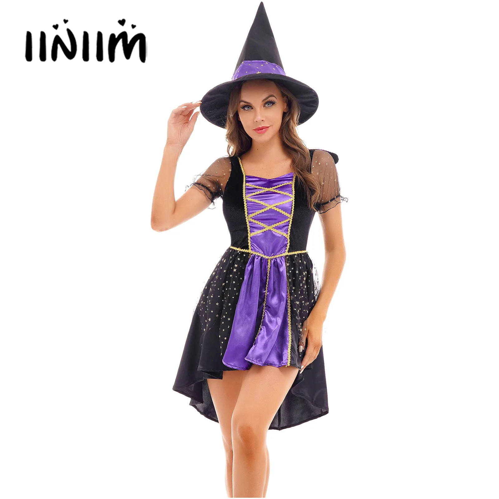 

Womens Halloween Performance Costume Vampire Witch Role Play Fancy Dress Up Outfit Puff Sleeve Asymmetrical Hem Dress with Hat