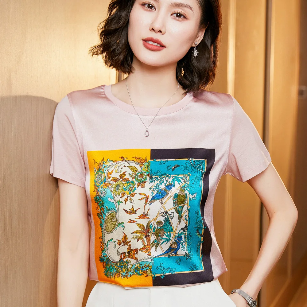 Summer silk short-sleeved women's T-shirt skin-friendly silk skating silk half-sleeve silk fashion print top vest T-shirt
Summer silk short-sleeved women's T-shirt skin-friendly silk skating silk half-sleeve silk fashion print top vest T-shirt