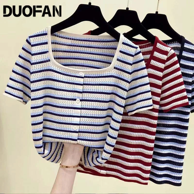 DUOFAN Summer Plus Size Tshirt Women Knitted Square-Neck Stripe French T-Shirt Casual Short-Sleeves Ice Silk Tees Pullovers Tops
DUOFAN Summer Plus Size Tshirt Women Knitted Square-Neck Stripe French T-Shirt Casual Short-Sleeves Ice Silk Tees Pullovers Tops