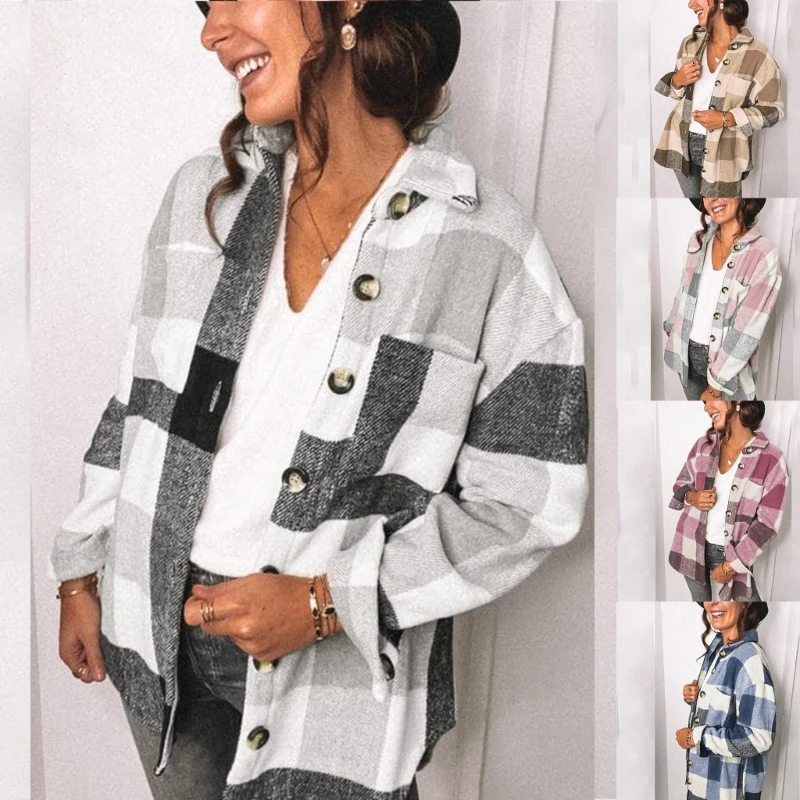 Женская рубашка с пуговицами и карманами, блузка, топы, осенняя куртка, верхняя рубашка в клетку