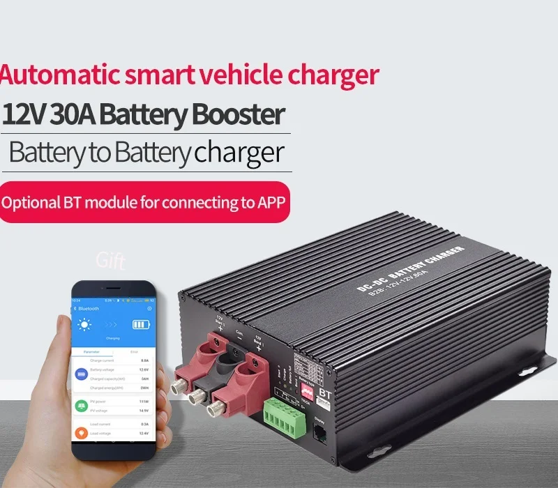 12V 30A smart Charger with Booster support Bluetooth app lithium battery Fully automatic charging temperature DC To DC Charger 
12V 30A smart Charger with Booster support Bluetooth app lithium battery Fully automatic charging temperature DC To DC Charger
