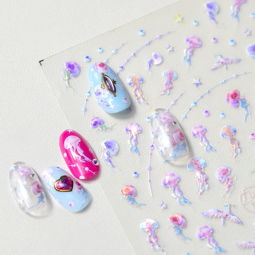 

Summer Ocean Sea Shiny Fantasy Dazzling Color Shell Jellyfish Luxury 3D Self Adhesive Nail Art Sticker Manicure Decal Gift Woman