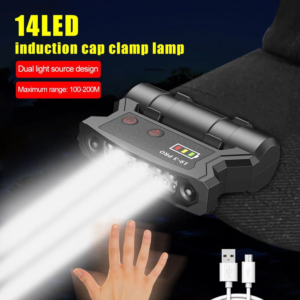

14 LED Sensor Cap Light Clip Dual Light Source Headlamp USB Emergency Work Light Outdoor Running Camping Fishing Headlights