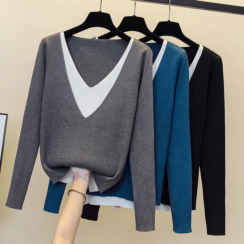 Autumn Winter Sexy V Neck Patchwork Fake Two Elegant Chic Basic Knitted Sweater Women Fashion Solid Long Sleeve Pullover Tops
Autumn Winter Sexy V Neck Patchwork Fake Two Elegant Chic Basic Knitted Sweater Women Fashion Solid Long Sleeve Pullover Tops