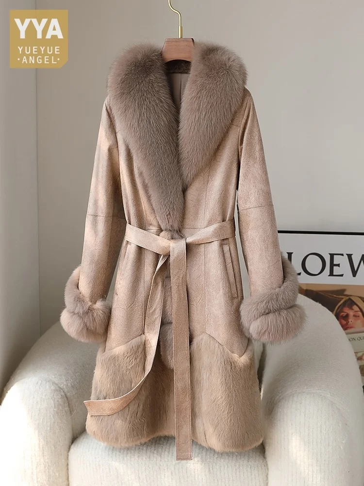 

Real Overcoat Belted Women Elegant Rabbit Fur Jacket Winter Warm Suede Leather Fox Fur Collar Coat Thick Softshell Party Trench