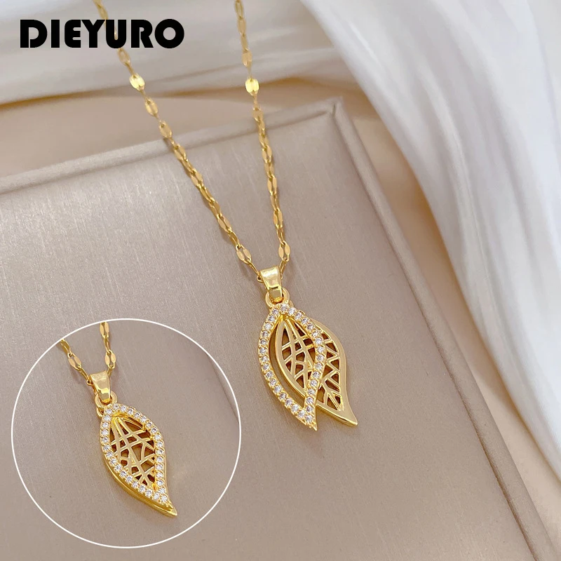 

DIEYURO 316L Stainless Steel Gold Color Leaves Pendant Necklace For Women Fashion Waterproof Clavicle Neck Chain Jewelry Gift
