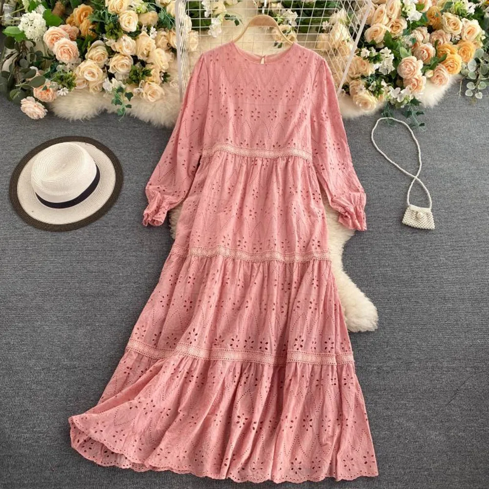 Women's Korean Style Hollow Out Long Casual Dress Candy Long Sleeved O Neck Embroidered Lace Cotton Loose Long Dress
Women's Korean Style Hollow Out Long Casual Dress Candy Long Sleeved O Neck Embroidered Lace Cotton Loose Long Dress