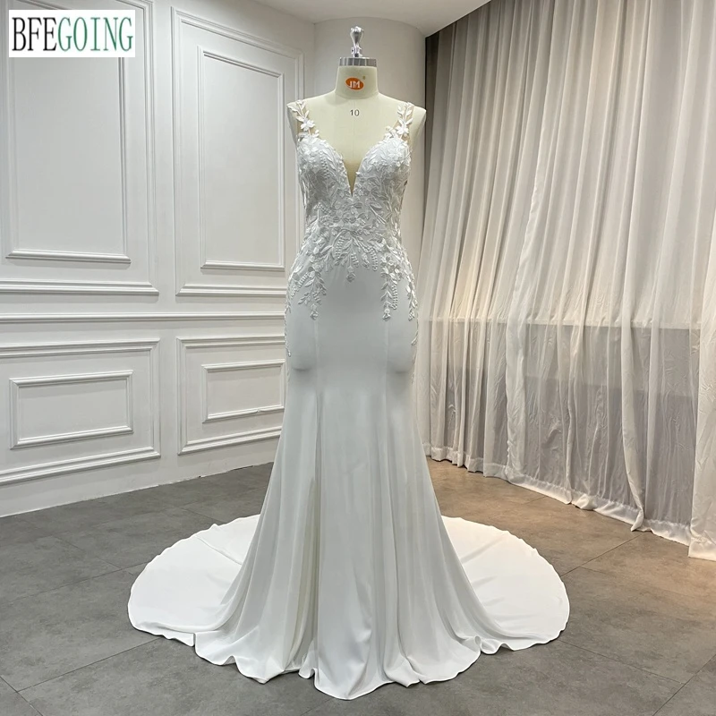 Ivory Lace Appliques Chiffon Crepe Floor-Length Mermaid/Trumpet Wedding Dresses Chapel Train Custom Made V-Neck Bridal Gowns
Ivory Lace Appliques Chiffon Crepe Floor-Length Mermaid/Trumpet Wedding Dresses Chapel Train Custom Made V-Neck Bridal Gowns