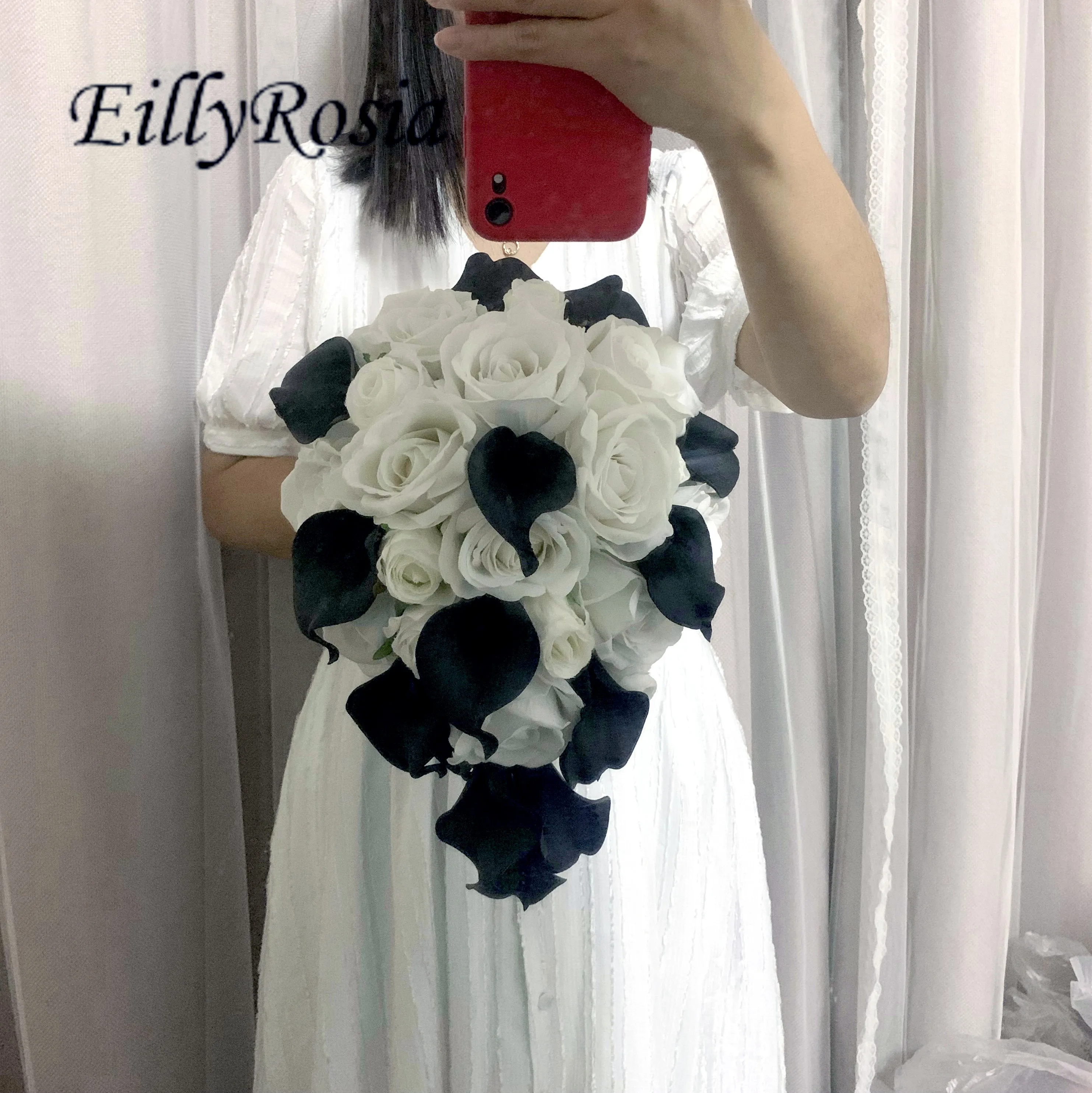 

EillyRosia Black and White Cascading Bridal Bouquet Calla Lily Silk Roses Teardrop Wedding Flowers ramo de boda de novia