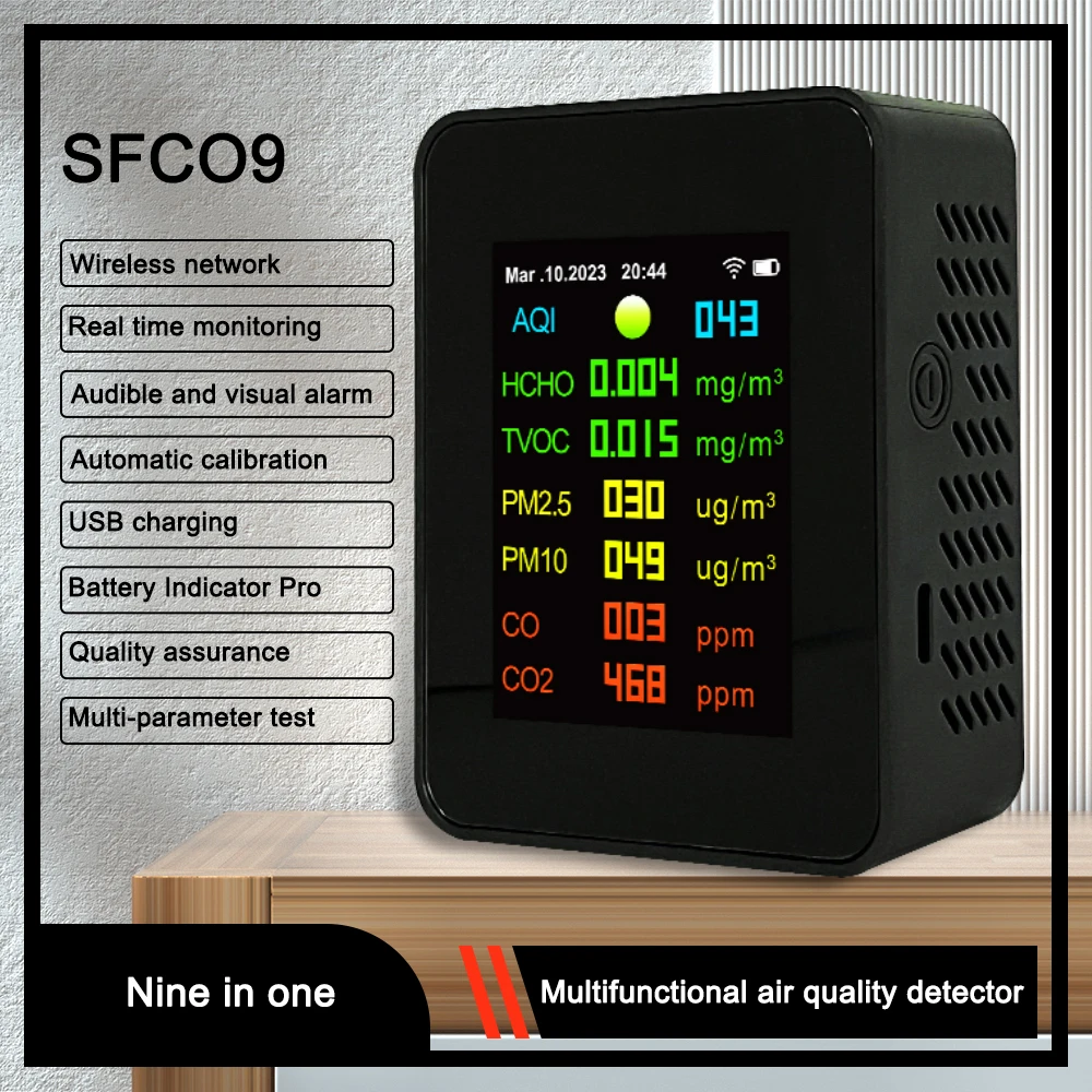 WiFi 9 in 1 PM2.5 PM10 HCHO TVOC CO CO2 Meter Digital Temperature Humidity Tester LCD CO2 Detector for Air Quality Monitor 
WiFi 9 in 1 PM2.5 PM10 HCHO TVOC CO CO2 Meter Digital Temperature Humidity Tester LCD CO2 Detector for Air Quality Monitor