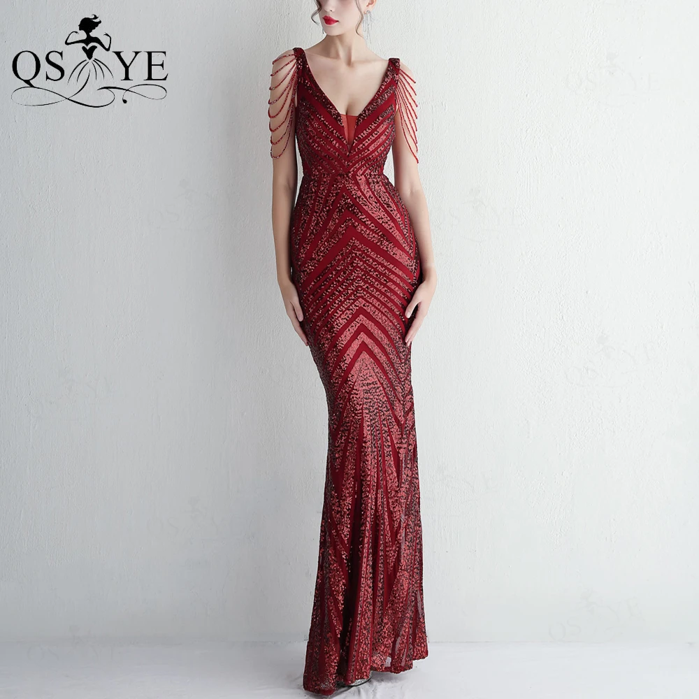 

Burgundy Sparkle Stripe Pattern Evening Dresses Sequin Mermaid Prom Gown Glitter Triangle Party Dress Beading Sleeves Party Gown