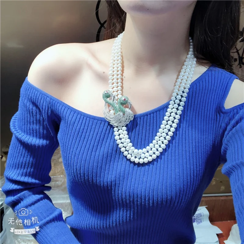 Hand knotted 3strands 7-8mm white freshwater cultured pearl micro inlay zircon accessories swan buckle flowersweater necklace l
Hand knotted 3strands 7-8mm white freshwater cultured pearl micro inlay zircon accessories swan buckle flowersweater necklace l