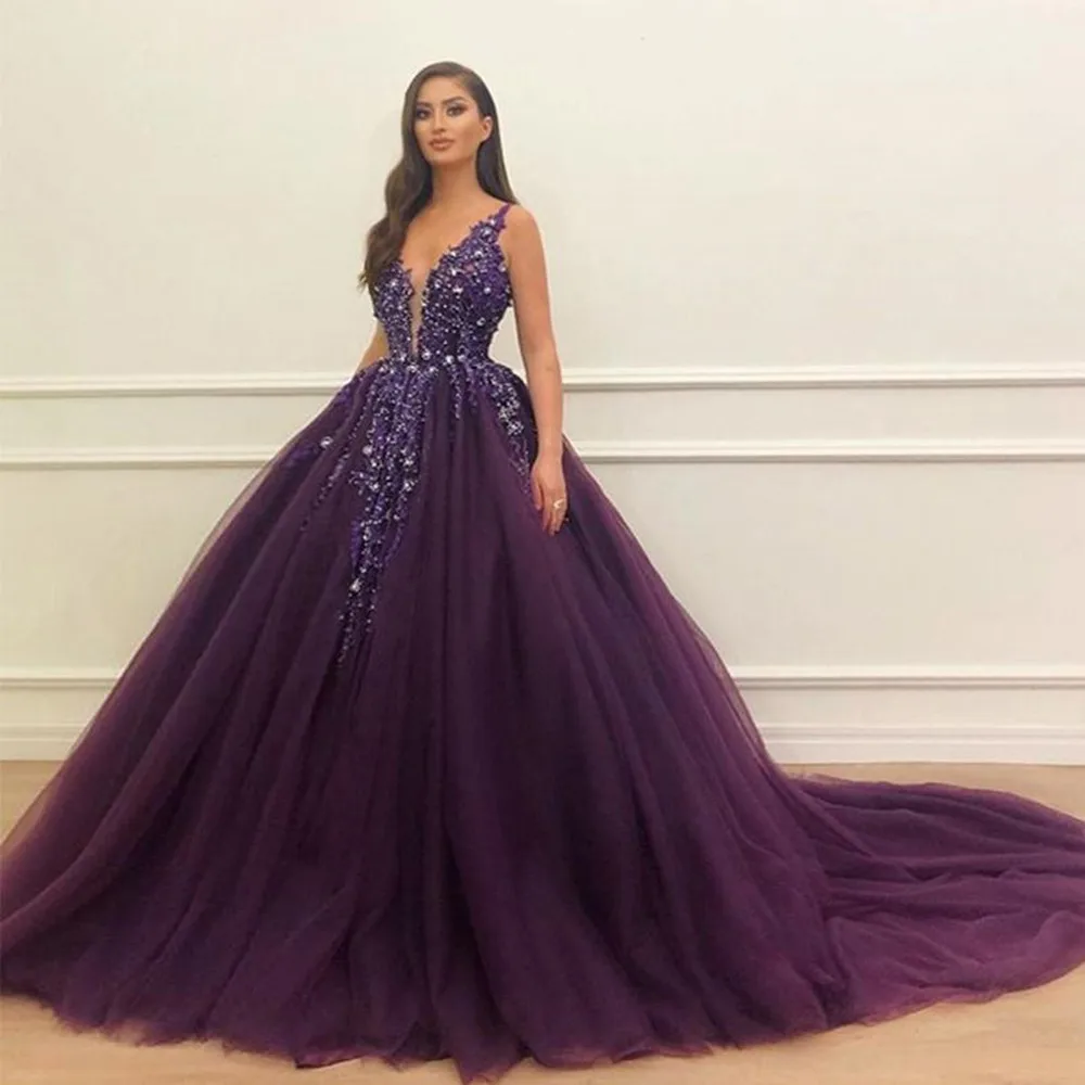 Sexy Lace Applique crystal bead Prom Dress sleeveless V-neck back open dark purple Tulle Prom dress party dress formal party
Sexy Lace Applique crystal bead Prom Dress sleeveless V-neck back open dark purple Tulle Prom dress party dress formal party