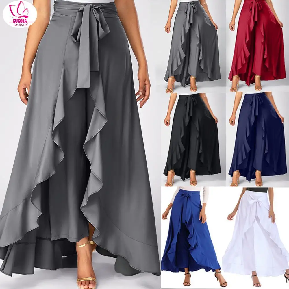 

SUSOLA Summer irregular Skirts Womens Solid Front Overlay Pants Ruffle Skirts Trend Ladies Belt Boho Long Skirt falda mujer Lady