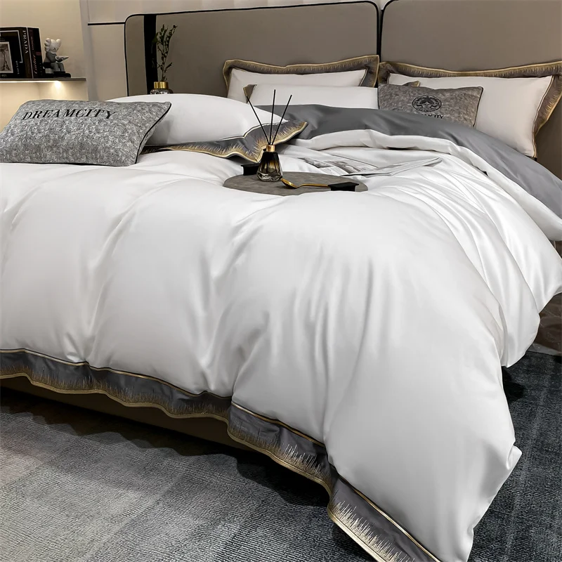 

Комплект постельного белья из египетского хлопка, Роскошное Одеяло с широкими краями с вышивкой, пододеяльник белого и серого цвета, украшение для дома в отеле, простыня, наволочки