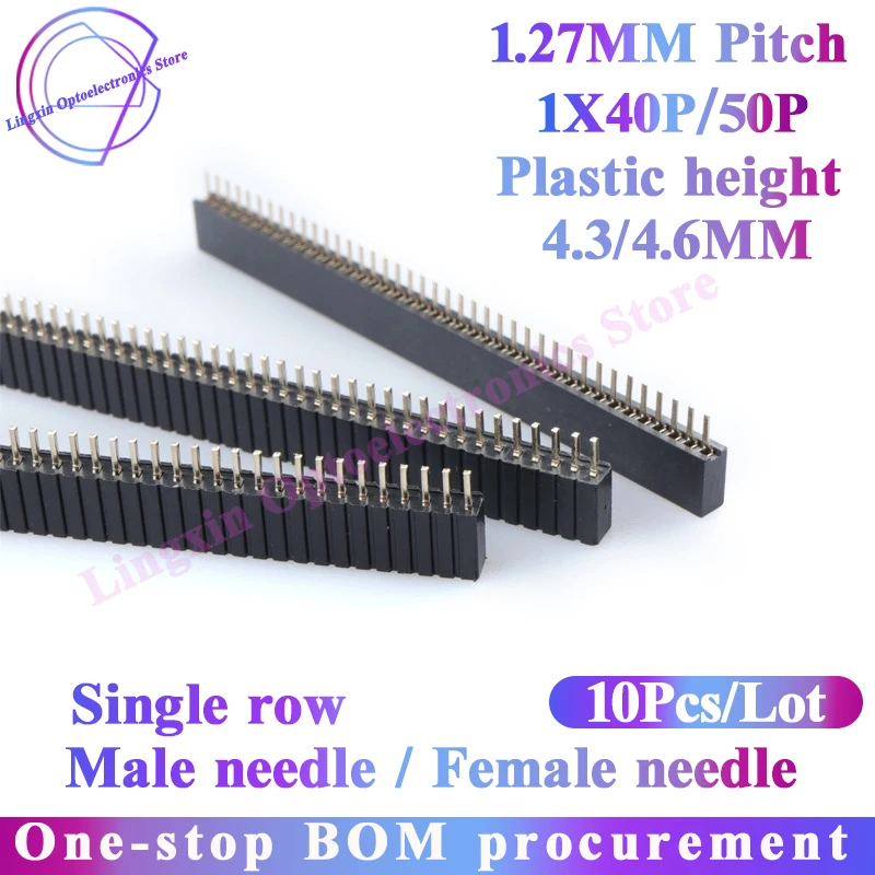 10Pcs Pitch 1.27mm Single Row Male and Female 1x40/50 Pin Plastic height 4.3/4.6MM Pin Header socket Connector Pinheader
10Pcs Pitch 1.27mm Single Row Male and Female 1x40/50 Pin Plastic height 4.3/4.6MM Pin Header socket Connector Pinheader
