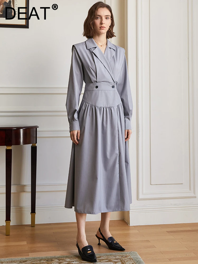 DEAT Fashion Women Suit Dress Notched Collar Double Breasted Waist A-line Folds Mid-calf Gray Dresses Autumn 2023 New 17A6718
DEAT Fashion Women Suit Dress Notched Collar Double Breasted Waist A-line Folds Mid-calf Gray Dresses Autumn 2023 New 17A6718