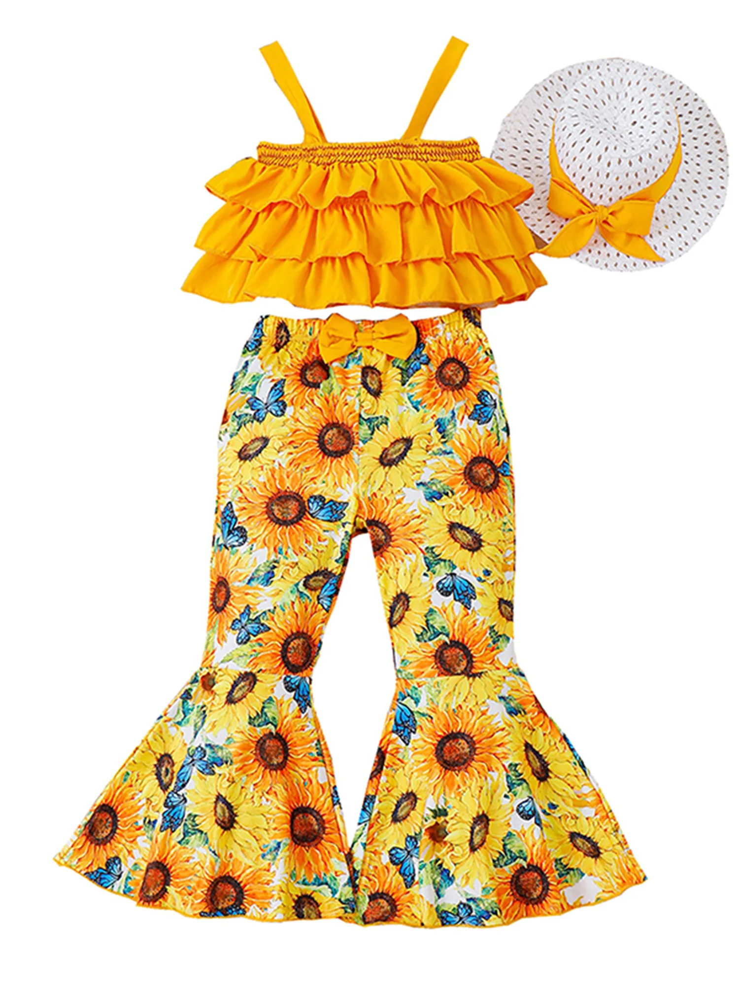 Kid Girl Pants Set Ruffled Strap Top Sleeveless Clothes Sunflower Print Flare Pants Bell Bottom Bow with Sunhat (Yellow 6
Kid Girl Pants Set Ruffled Strap Top Sleeveless Clothes Sunflower Print Flare Pants Bell Bottom Bow with Sunhat (Yellow 6